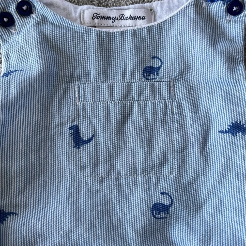 Tommy Bahama 6-9 M Light Blue White Striped Baby Bubble Romper Dinosaurs Overall